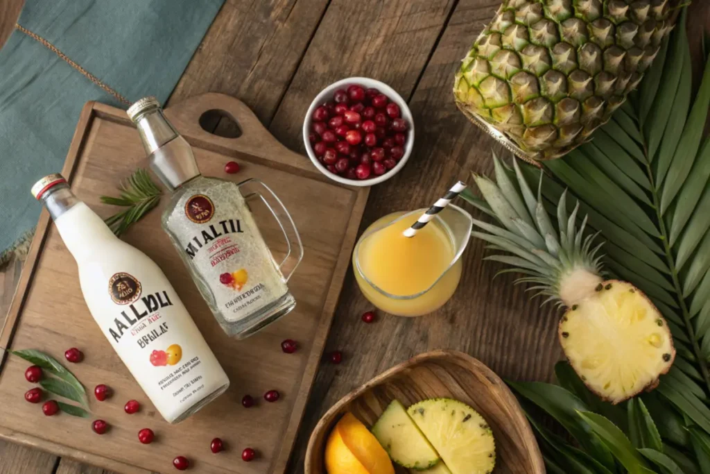 Overhead shot of malibu bay breeze ingredients including rum, pineapple juice, and cranberries