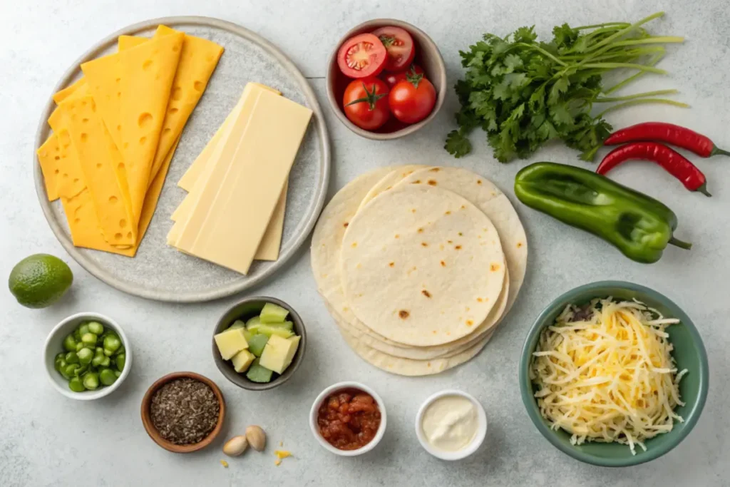 All ingredients for a grilled cheese burrito arranged on a countertop