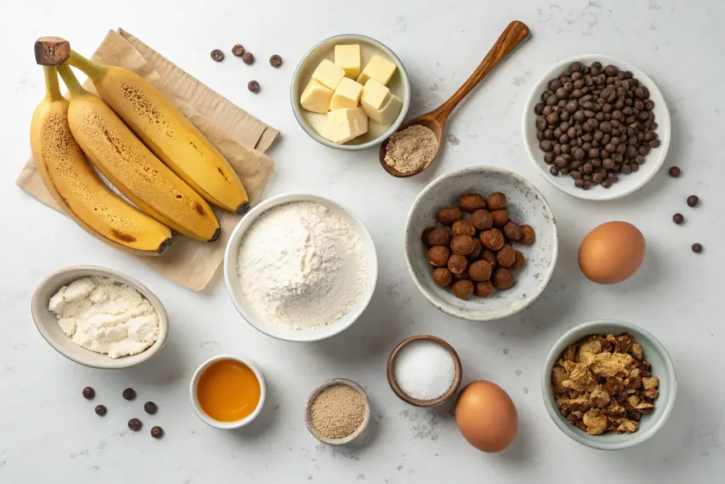 Key ingredients for banana bread cookies on a countertop