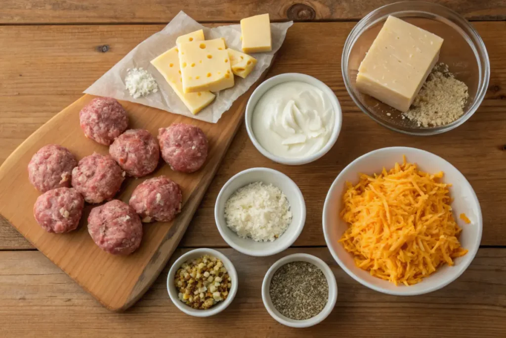 Key ingredients for making sausage balls with cream cheese, including sausage, cream cheese, cheddar, and biscuit mix.