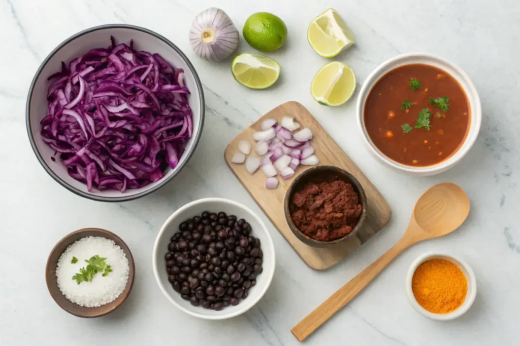 Ingredients for purple black bean soup on a kitchen countertop