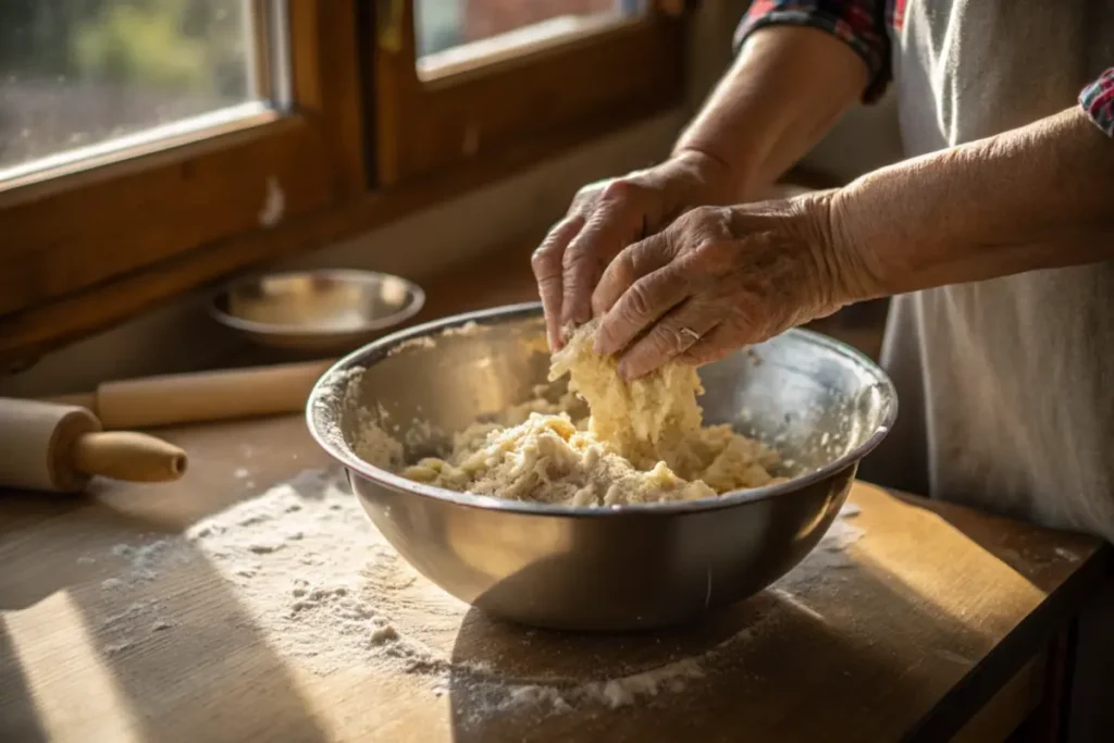 Gently mixing dough for dumplings in chicken and dumplings