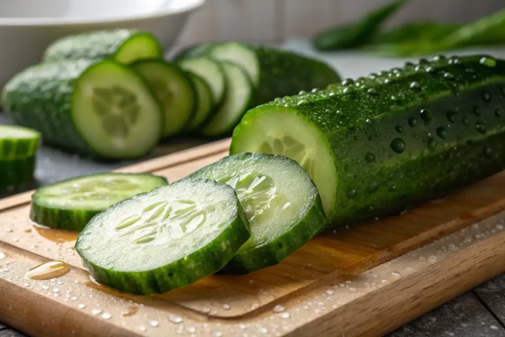 Fresh cucumber slices with visible moisture