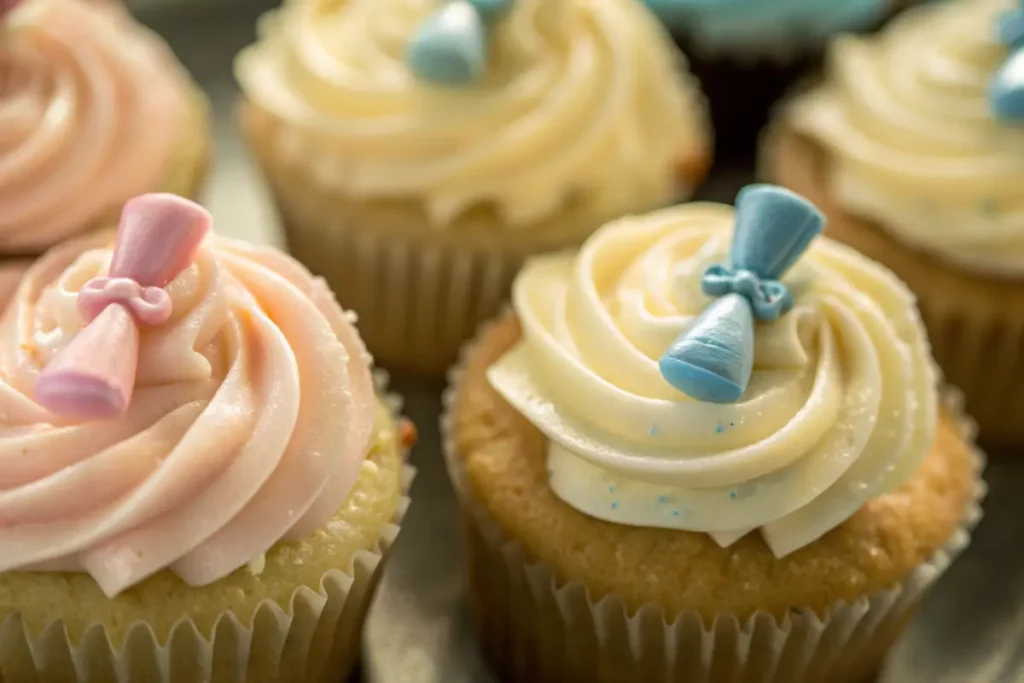 Decorated gender reveal cupcakes with glitter and toppers