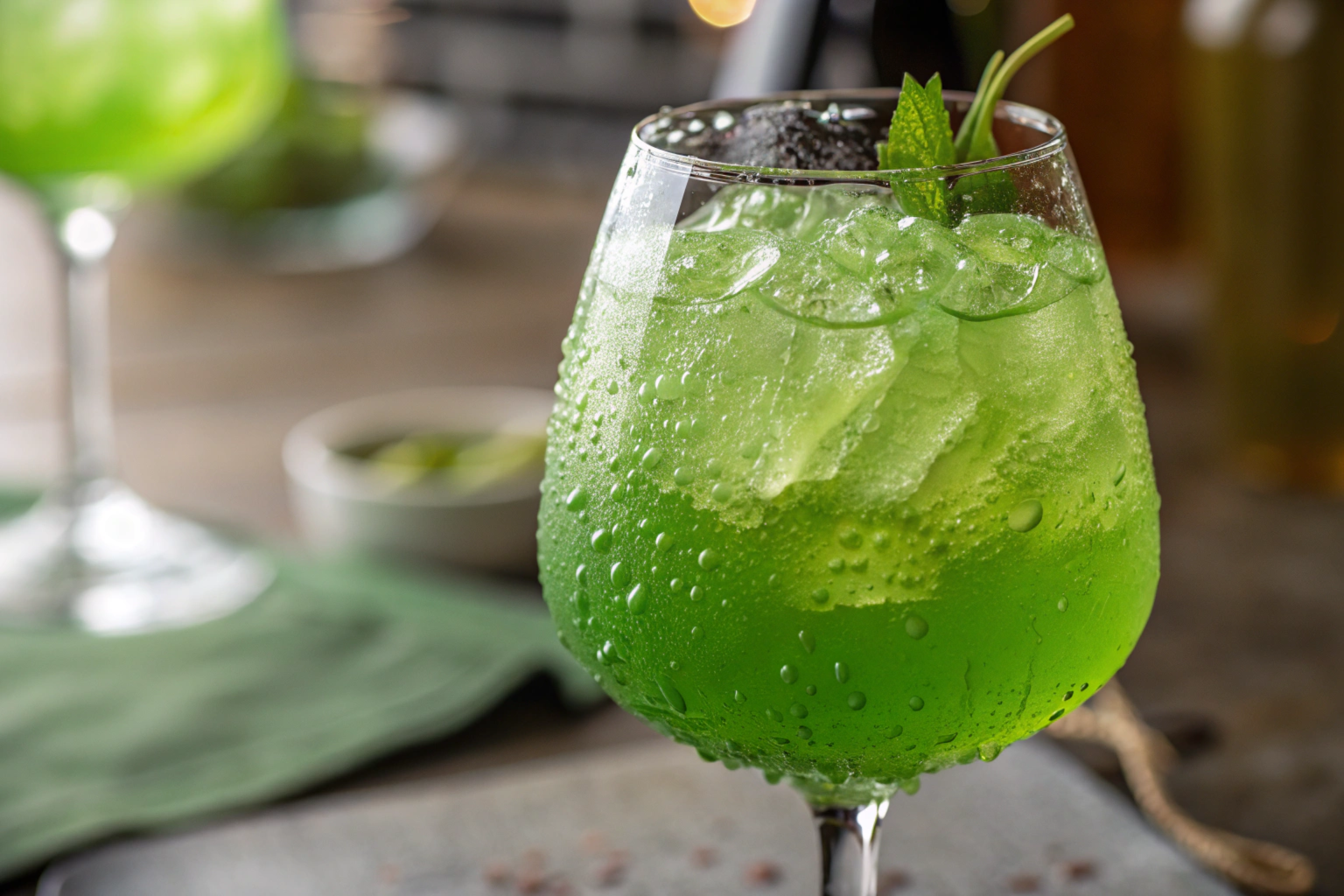 A vibrant green Grinch punch in a glass with lime and cherry garnish.