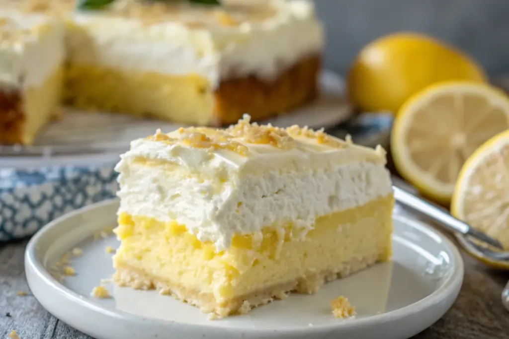 A freshly baked lemon cream cheese dump cake with a golden-brown crust.