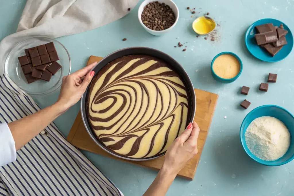 Layering batter to create zebra cake stripes