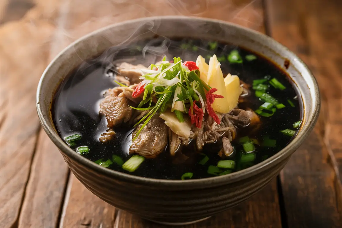 Steaming bowl of black chicken soup with garnishes