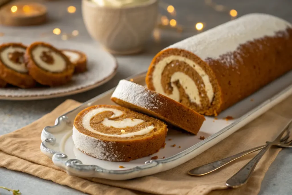 A slice of delicious Libby's pumpkin roll with cream cheese filling