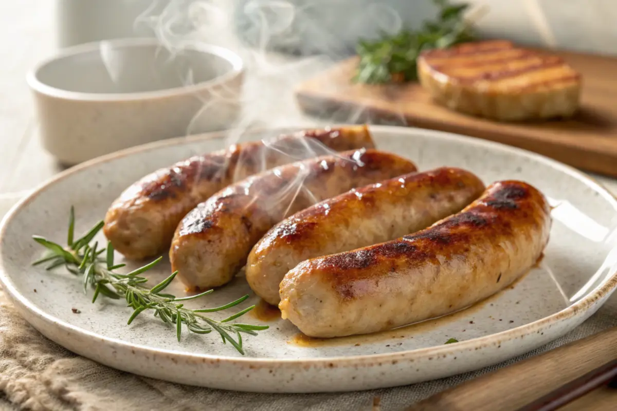 Several golden-brown sausage links on a white plate