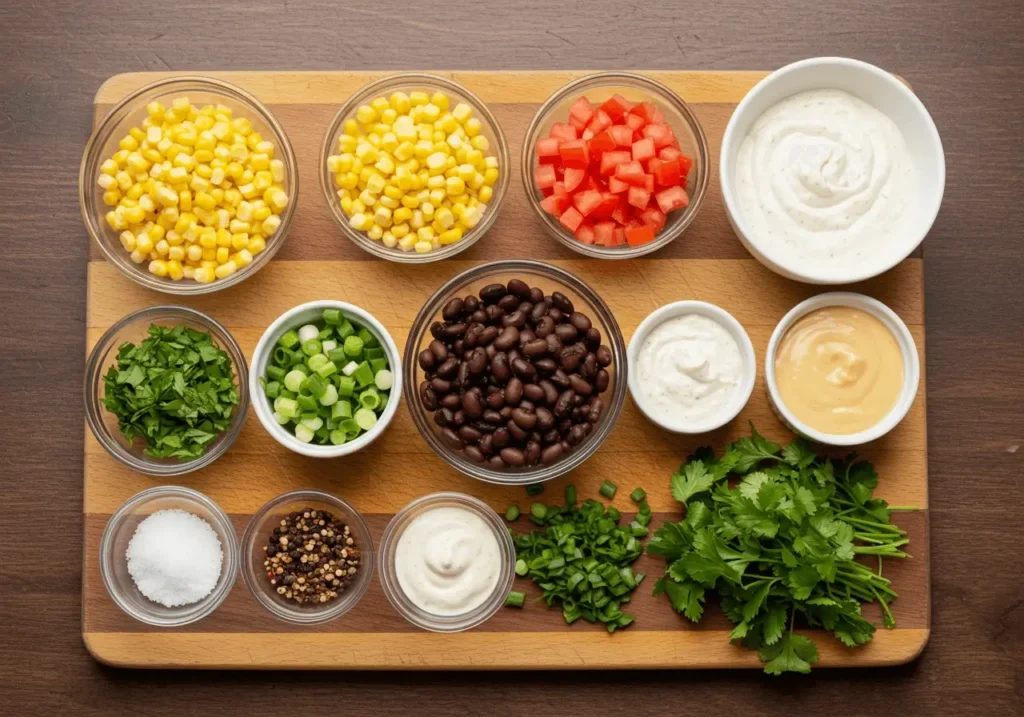 Ingredients for cowboy past salad displayed on a wooden cutting board