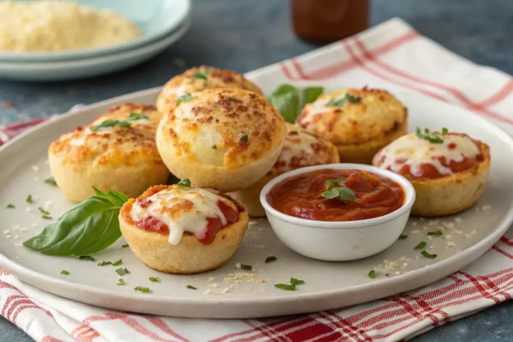 Several pizza puffs served with dipping sauce.