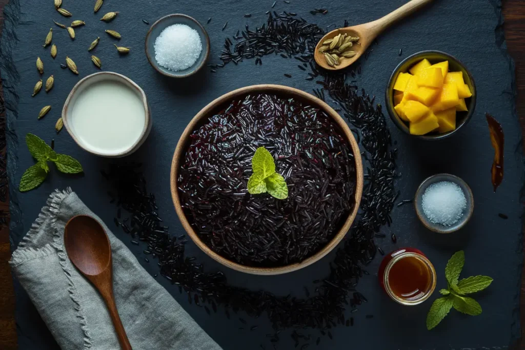 Uncooked black rice and measuring tools