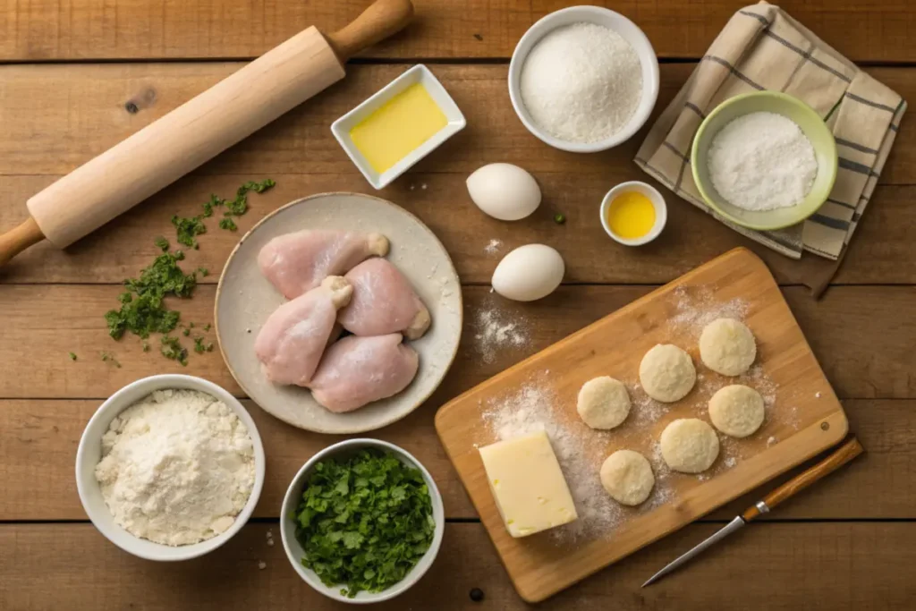 Ingredients for Cracker Barrel chicken and dumplings laid out on a countertop.