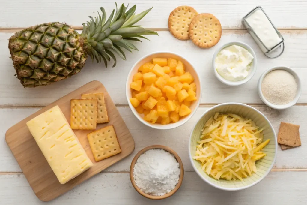 Ingredients for pineapple casserole displayed on a kitchen counter