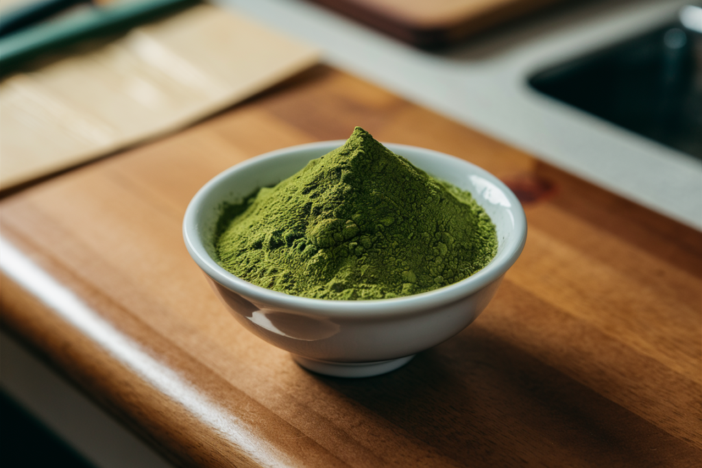 Bright green culinary matcha powder in a small bowl