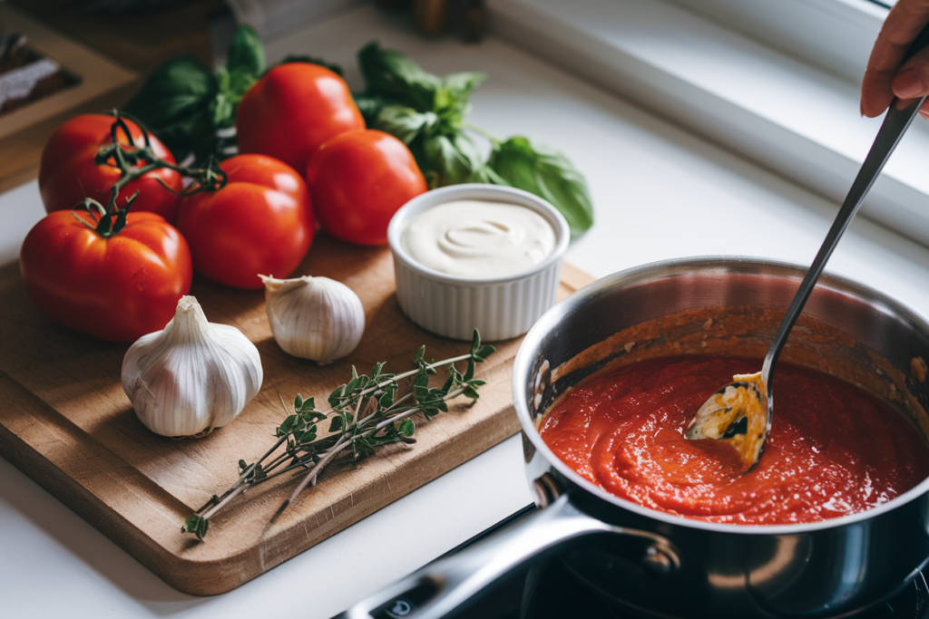 Ingredients for breakfast pizza sauce, including fresh tomatoes, garlic, herbs, and a creamy sauce.