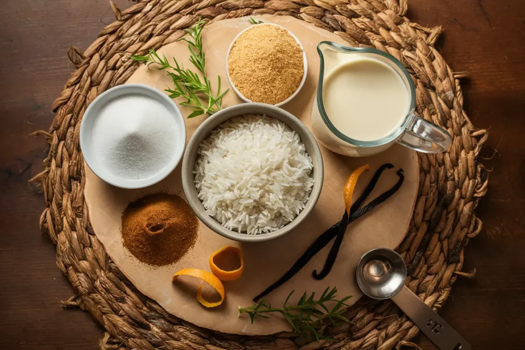 Ingredients for arroz con leche on a marble surface