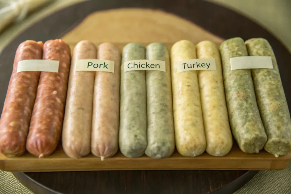 Various types of raw sausage links including pork, chicken, and turkey