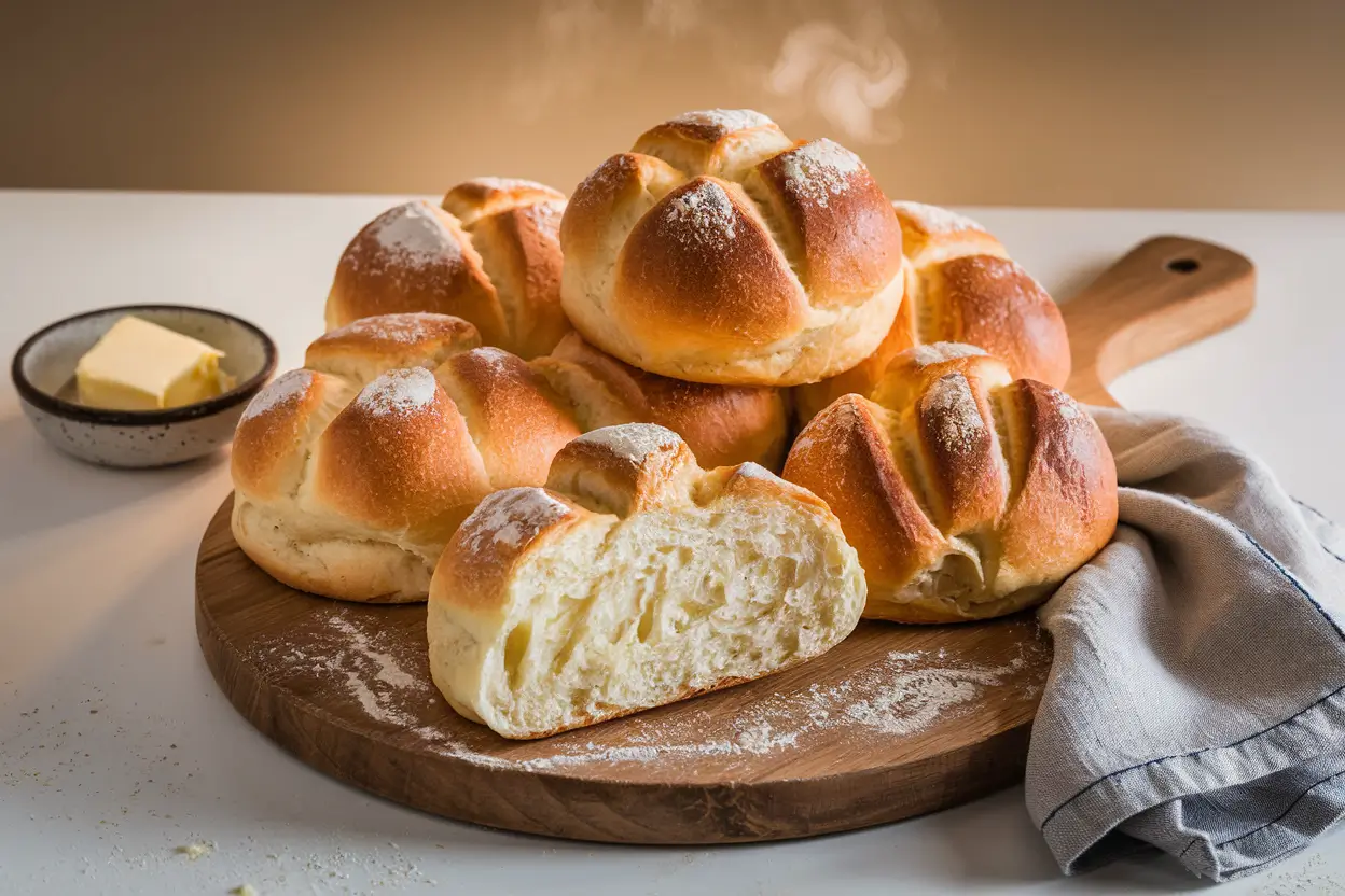 Freshly baked French roll on a wooden board