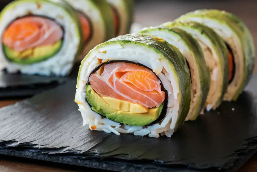 Close-up of a fresh Philadelphia roll with visible salmon, cream cheese, and avocado