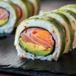 Close-up of a fresh Philadelphia roll with visible salmon, cream cheese, and avocado