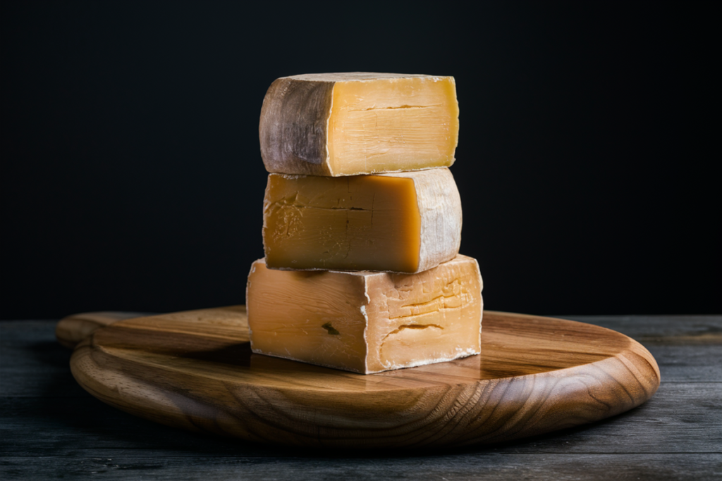 Close-up of a block of cheddar cheese on a cutting board.