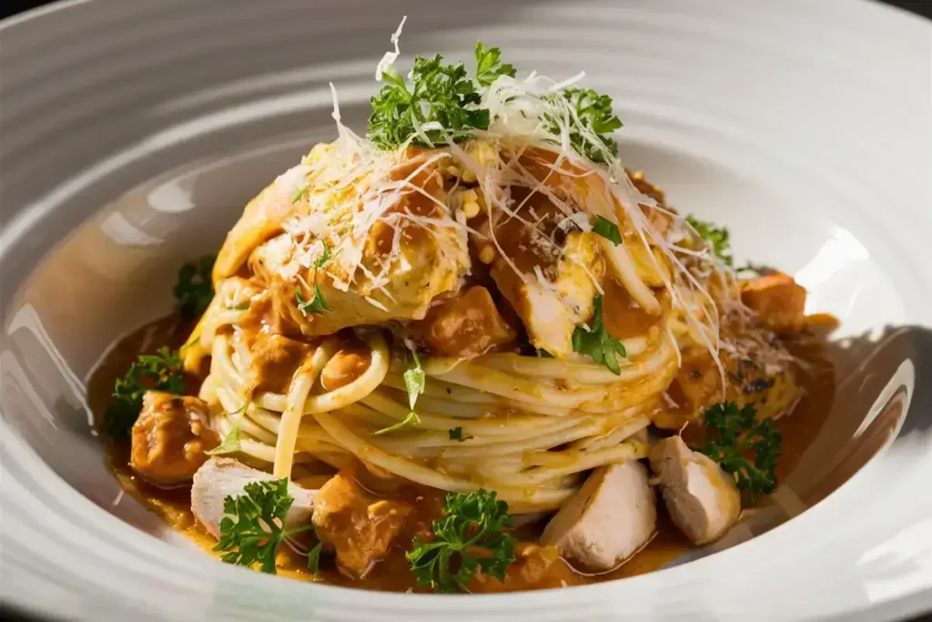 Plated garlic parmesan chicken pasta, garnished with fresh parsley and parmesan cheese.