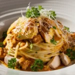 Plated garlic parmesan chicken pasta, garnished with fresh parsley and parmesan cheese.