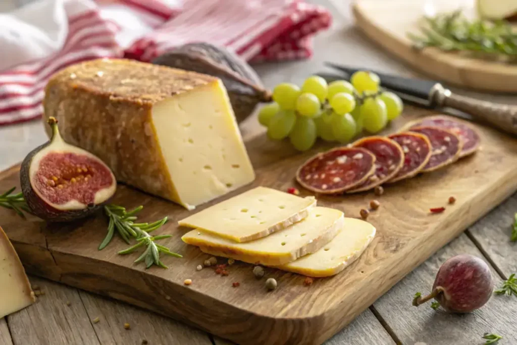 Gruyere cheese block with figs and grapes