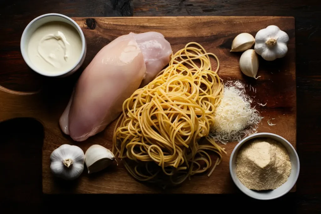 Garlic parmesan chicken pasta ingredients: chicken, pasta, garlic, parmesan, and cream.