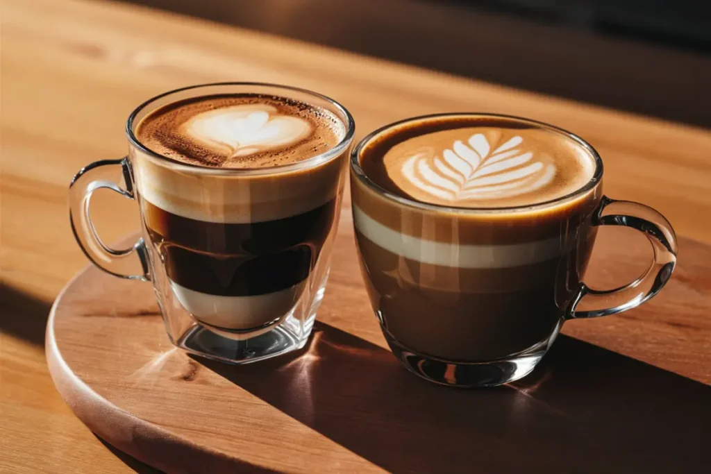 Side-by-side of cappuccino vs latte drinks.