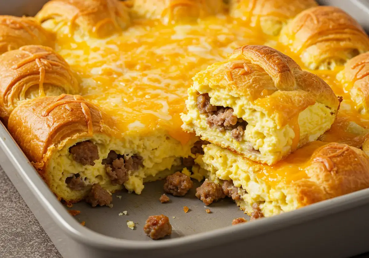 Freshly baked crescent roll breakfast casserole with sausage and cheese