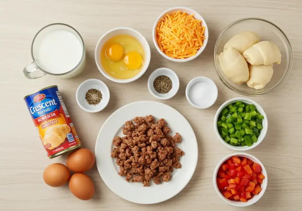 Ingredients for a crescent roll breakfast casserole, showcasing fresh produce, meat, and dairy.