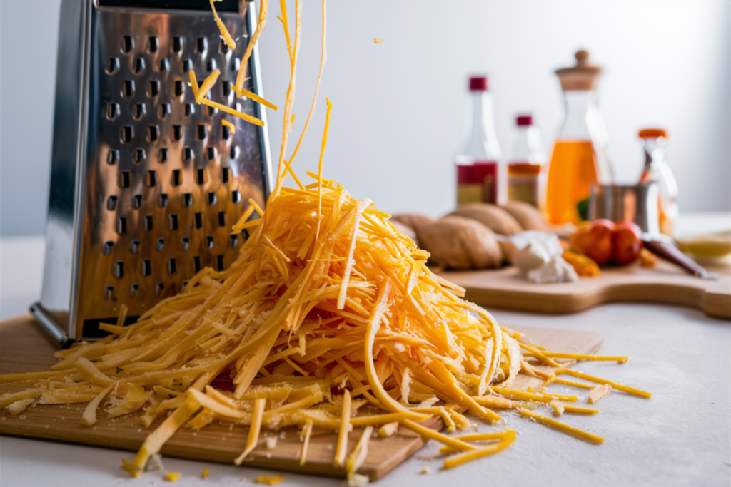 Step-by-step image of cheddar cheese being grated