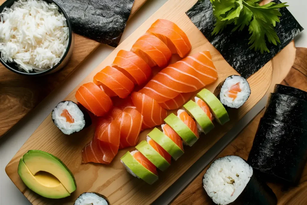 Philadelphia roll ingredients before assembling: nori, rice, salmon, cream cheese, and avocado.